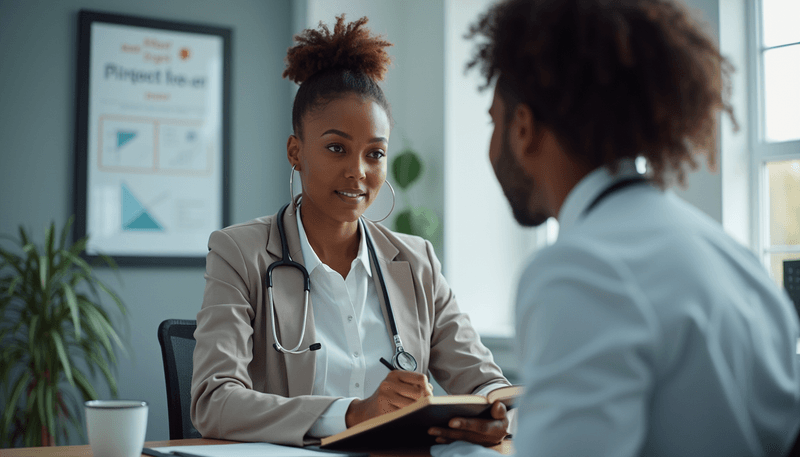 Woman taking notes during medical consultation