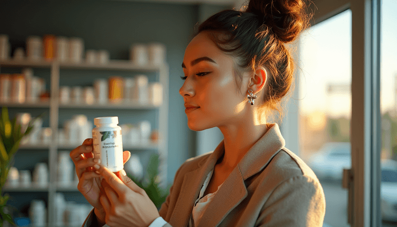 Woman examining evening primrose oil supplement bottle in natural light