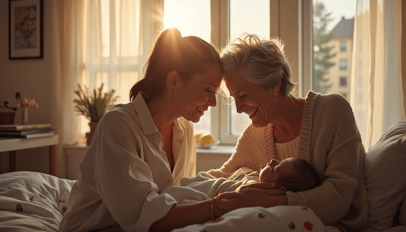 Grandmother helping daughter with newborn baby