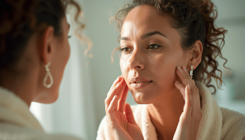 A woman examining her face in a mirror with natural lighting