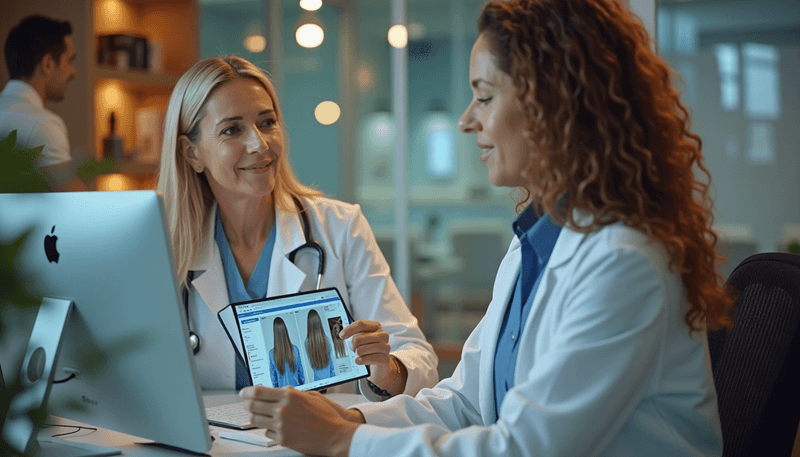 Woman reviewing hair treatment options with healthcare provider