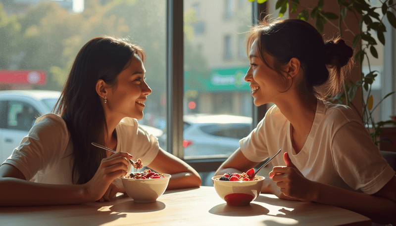 Two women sharing yogurt at breakfast while discussing gut health