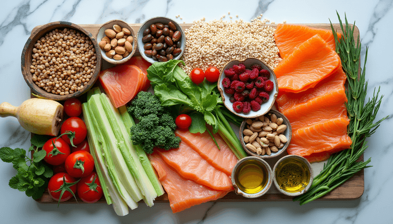 Colorful spread of Mediterranean diet components