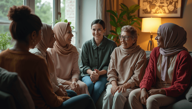 A diverse group of women in a support group setting discussing health concerns