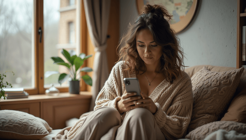 A woman looking confused at her phone while sitting in a comfortable reading nook