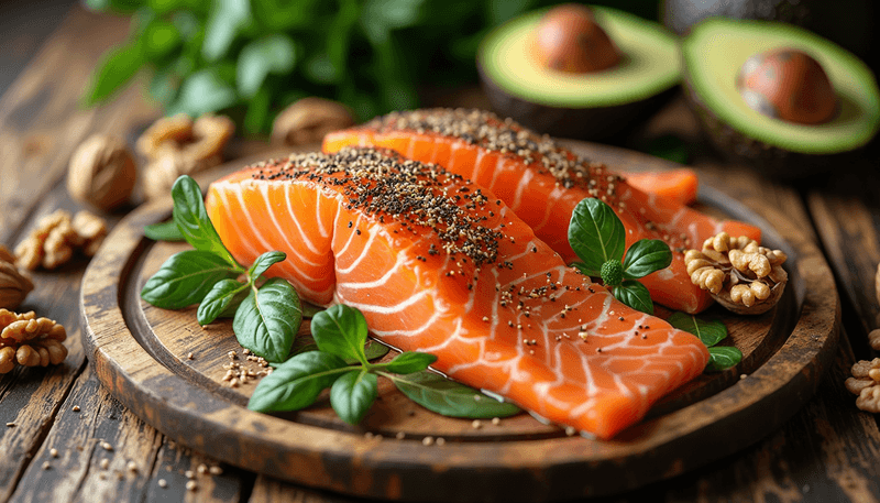 Various omega-3 rich foods arranged on wooden table