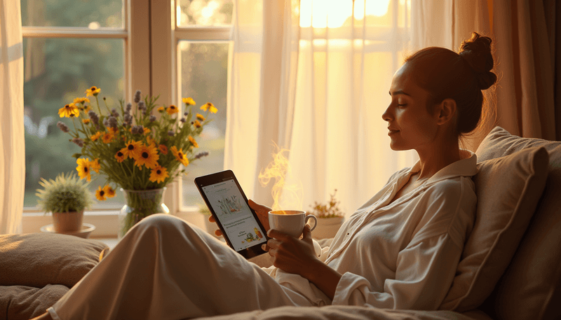 A woman peacefully drinking herbal tea while reading about menopause remedies