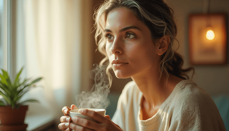 Woman looking thoughtful while holding a cup of tea