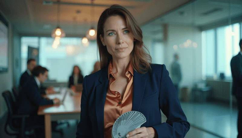 A woman in business attire using a small fan during a meeting