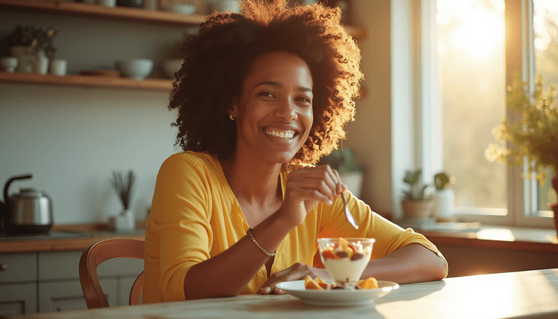 Woman enjoying yogurt parfait breakfast