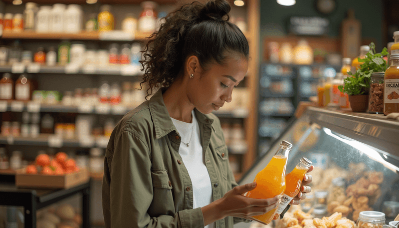 Woman choosing probiotic rich foods at grocery store