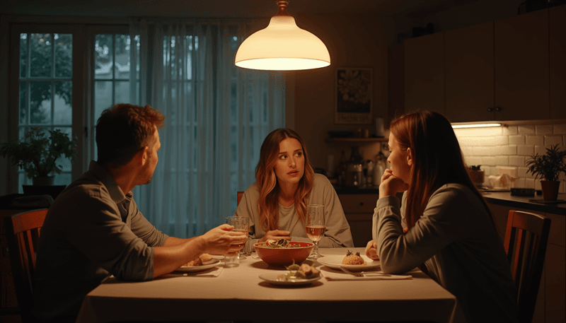 Woman sharing feelings with teenage daughter and husband at dinner table