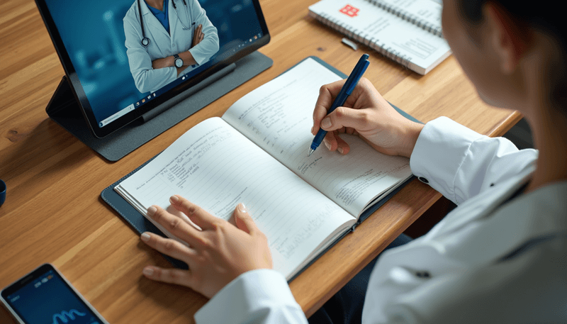 Woman writing in a health journal while referring to educational materials