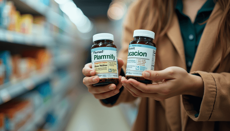 A parent examining various colorful vitamin bottles in a store aisle