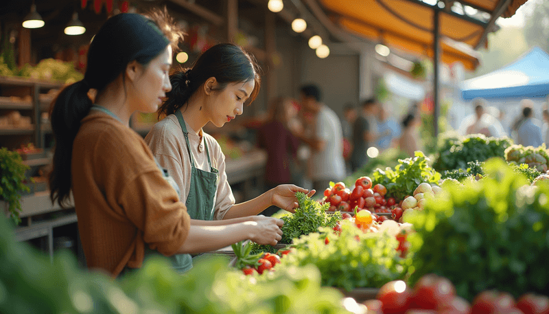 Asian women shopping for fresh vegetables at local market