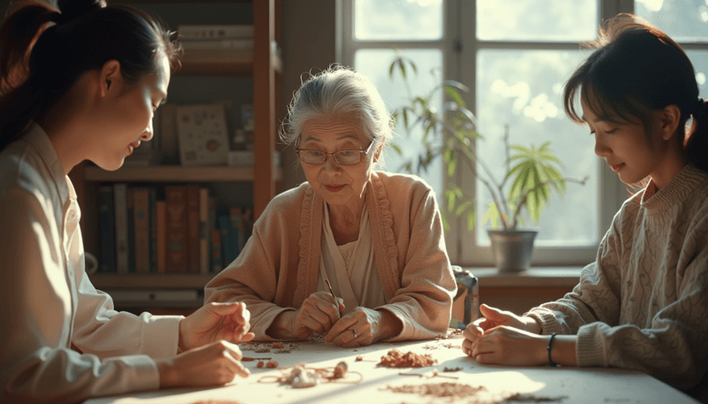 Elder woman teaching traditional skills to younger generation