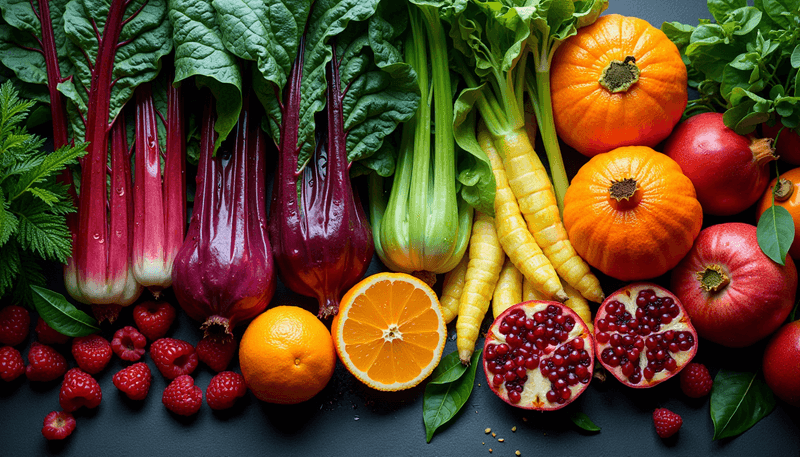 Colorful array of fruits and vegetables rich in micronutrients