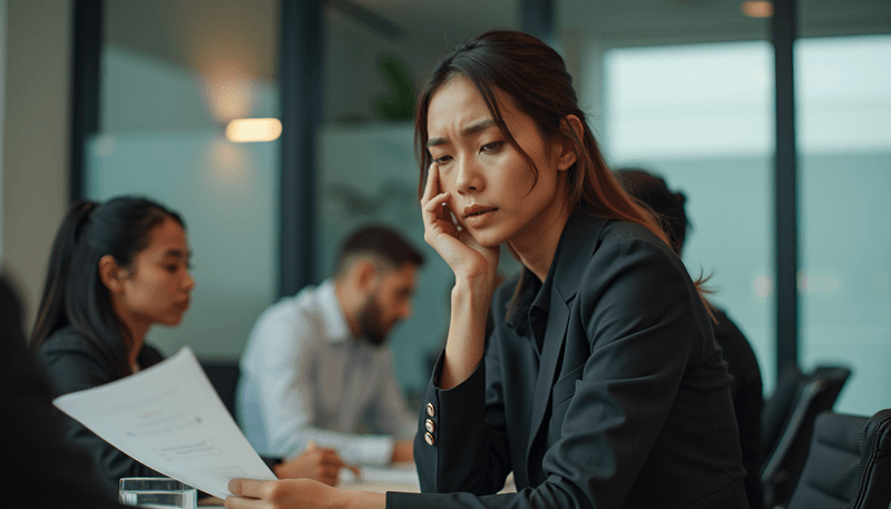 A woman feeling overwhelmed by sudden heat during a business meeting