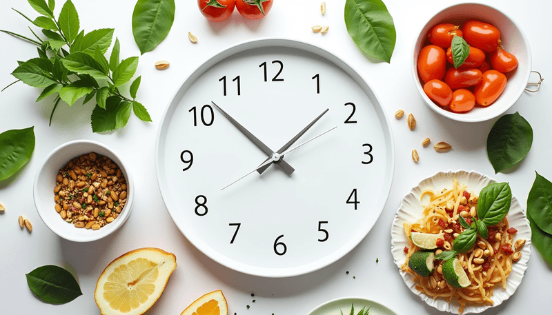 Clock surrounded by healthy food items