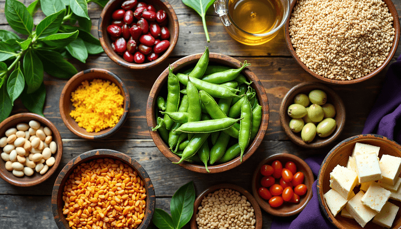 Various phytoestrogen rich foods arranged on wooden table