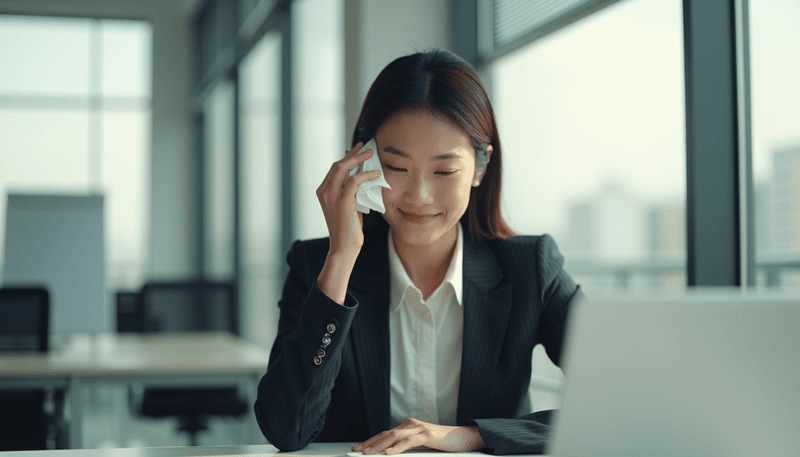 Woman experiencing hot flash while working at office desk