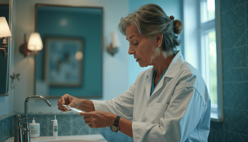 Woman collecting urine sample using test kit at home