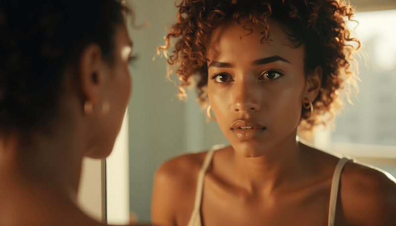 Woman examining her hair in mirror with concerned expression