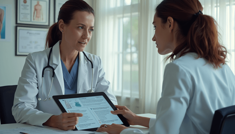 Woman discussing surgical preparations with doctor