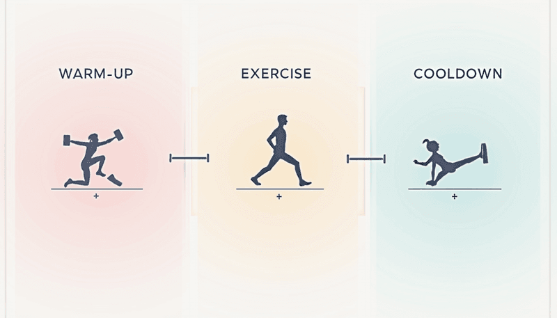 Simple exercise progression chart showing warm-up main exercise cooldown