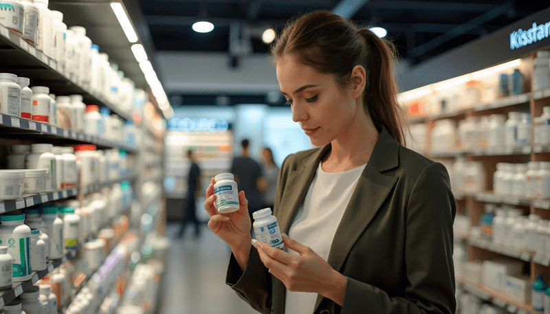 Woman comparing different supplement labels in store