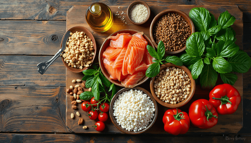 Mediterranean diet components arranged on table