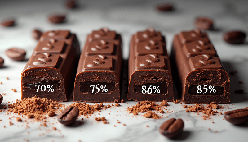 Different percentages of dark chocolate arranged for comparison