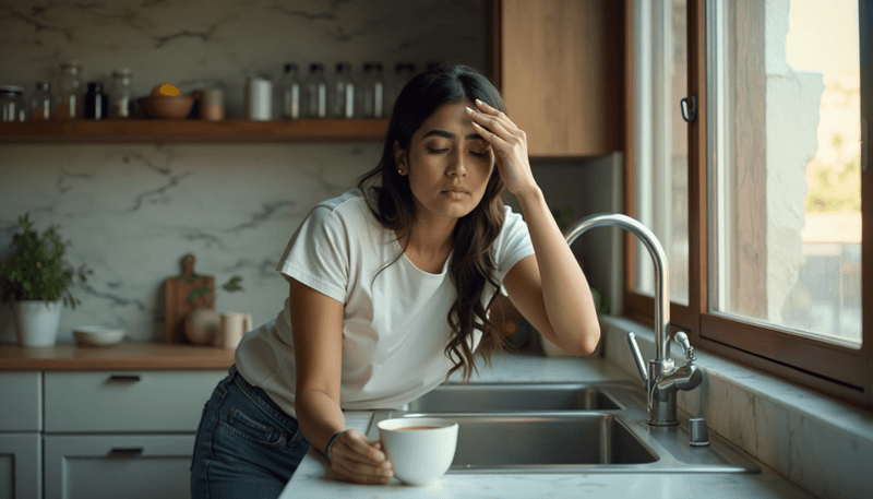 A woman looking frustrated while holding her head at kitchen counter