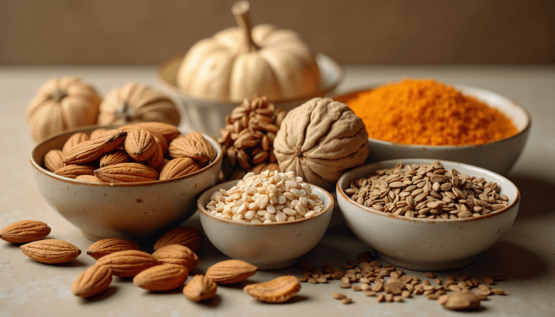 Variety of nuts and seeds in bowls