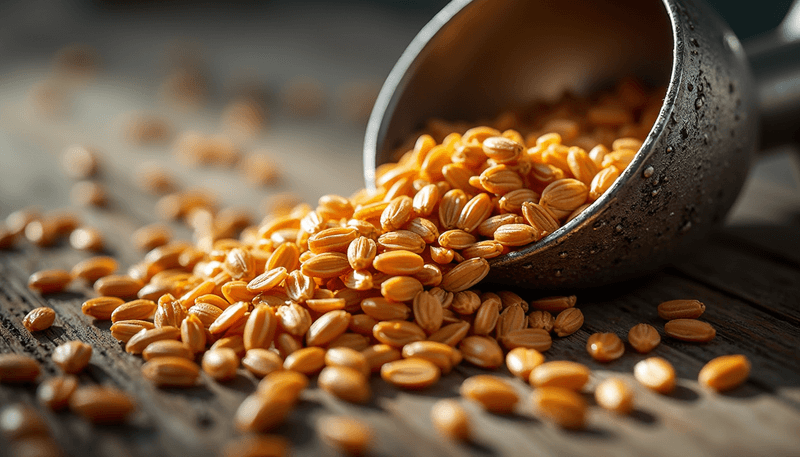 Golden flaxseeds scattered on wooden surface with measuring spoon