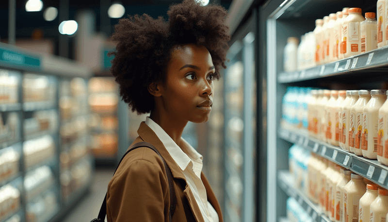 Woman comparing different plant based milk options in grocery store