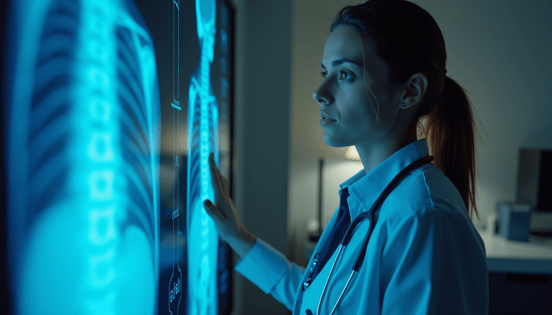 Woman looking at xray of spine showing bone density comparison