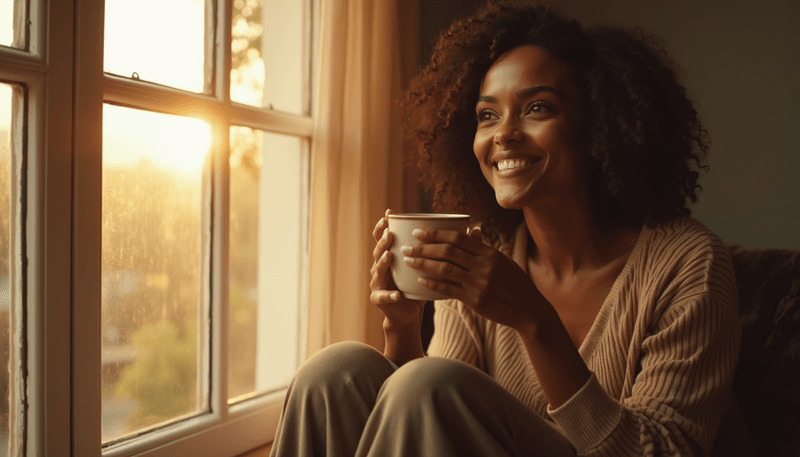 A woman looking thoughtful while holding a cup of tea, representing contemplation of menopause journey