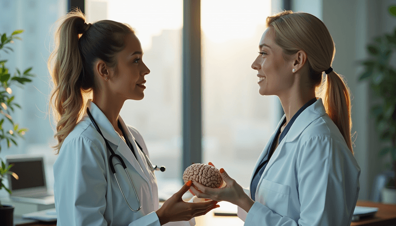 Woman holding brain model while consulting with doctor about hormone therapy