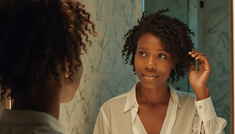 A woman examining her hair loss in the mirror with concerned expression