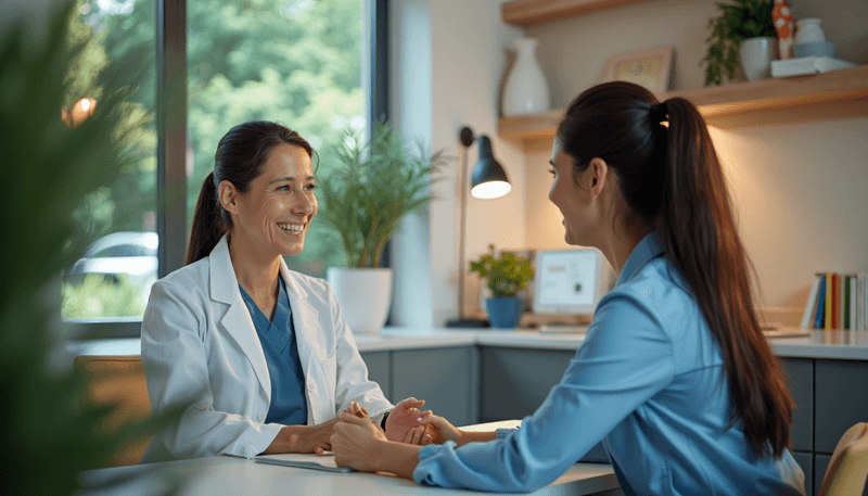 Woman discussing health with doctor in consultation room