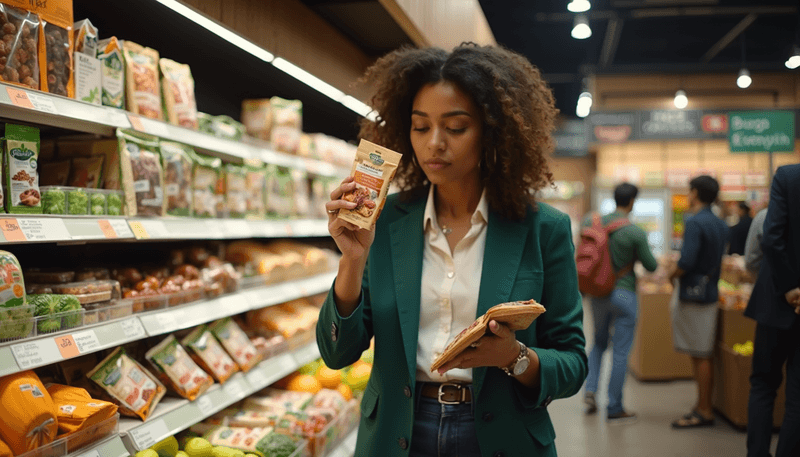 Woman checking food labels while shopping for dates