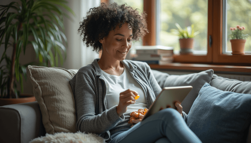 Woman holding vitamin E capsule while reading about natural remedies