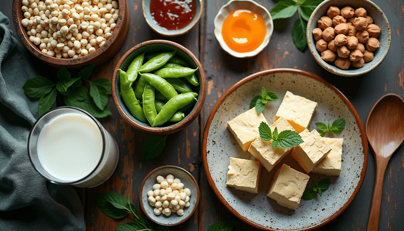 Various soy-based foods arranged on a wooden table