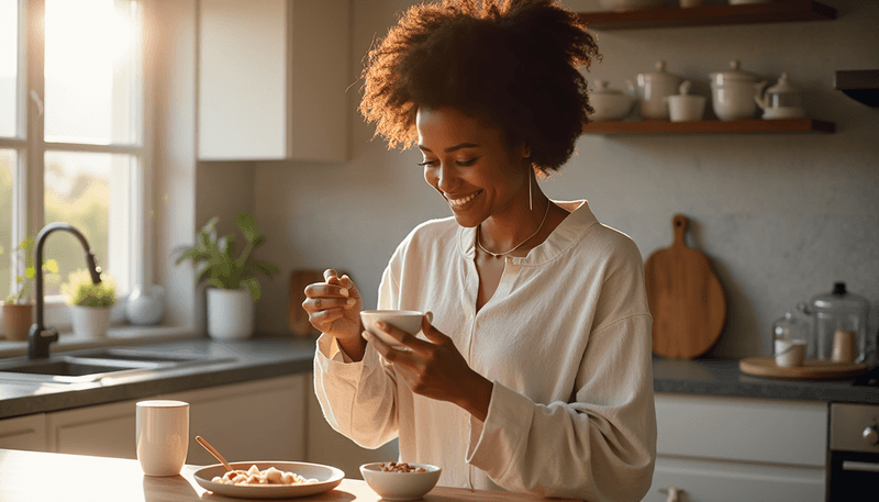 Woman taking supplements with breakfast