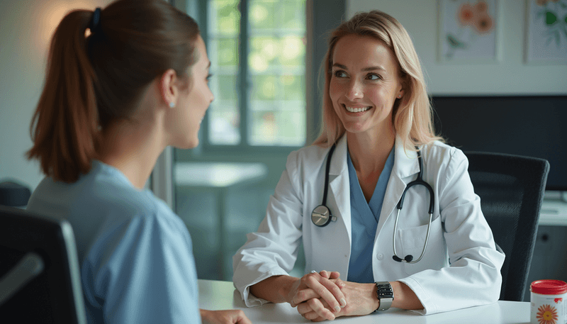 Woman discussing health options with doctor