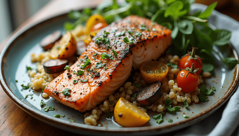 Fresh salmon and other omega-3 rich foods on a plate