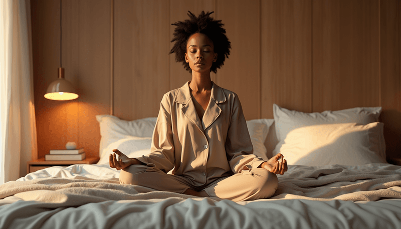 Woman practicing meditation before bedtime in a calm bedroom setting