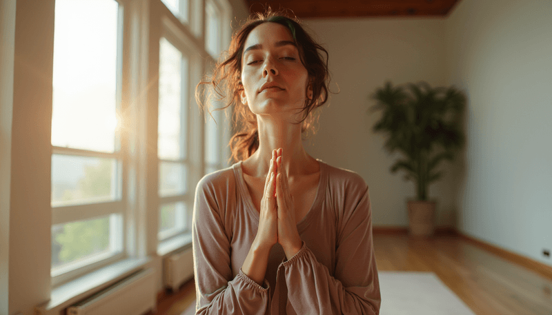 Woman practicing gentle yoga poses with calm expression