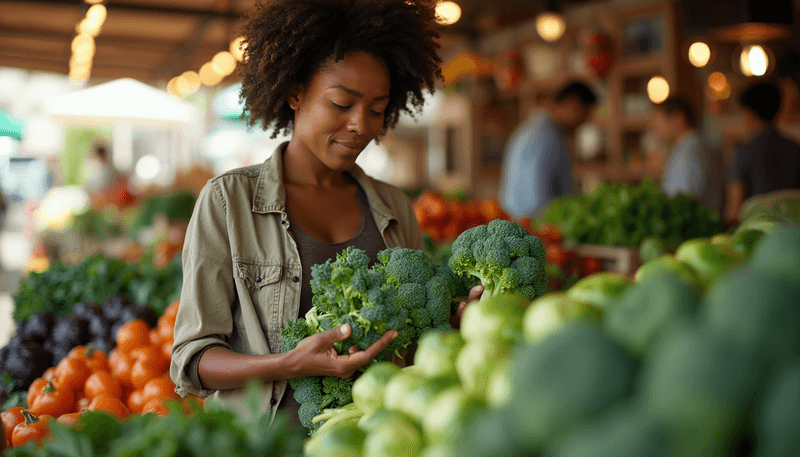 Woman choosing fresh cruciferous vegetables at farmers market